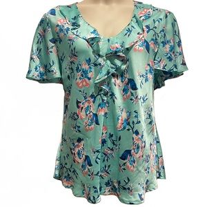 Elementz Floral Ruffle Blouse - Mint Green and Pink